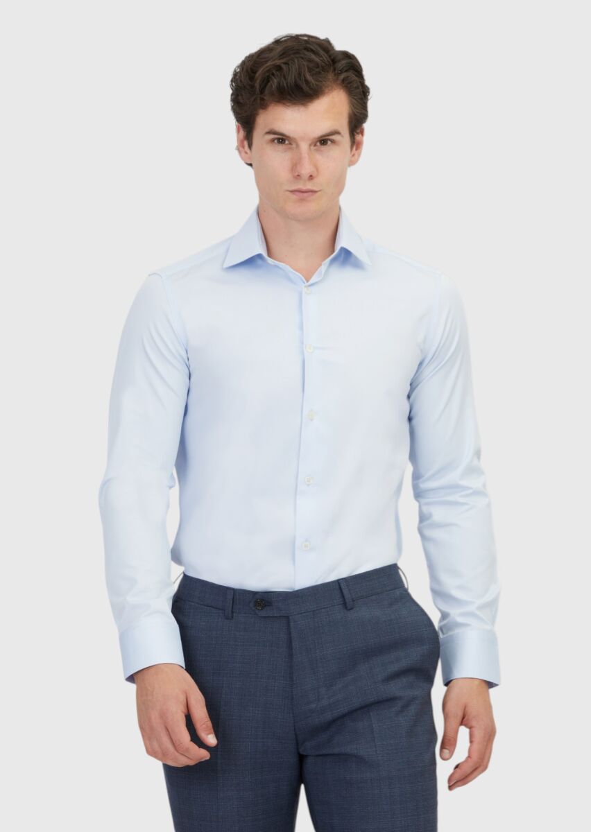Açık Mavi Düz Slim Fit Uzun Dokuma Klasik %100 Pamuk Gömlek - 1
