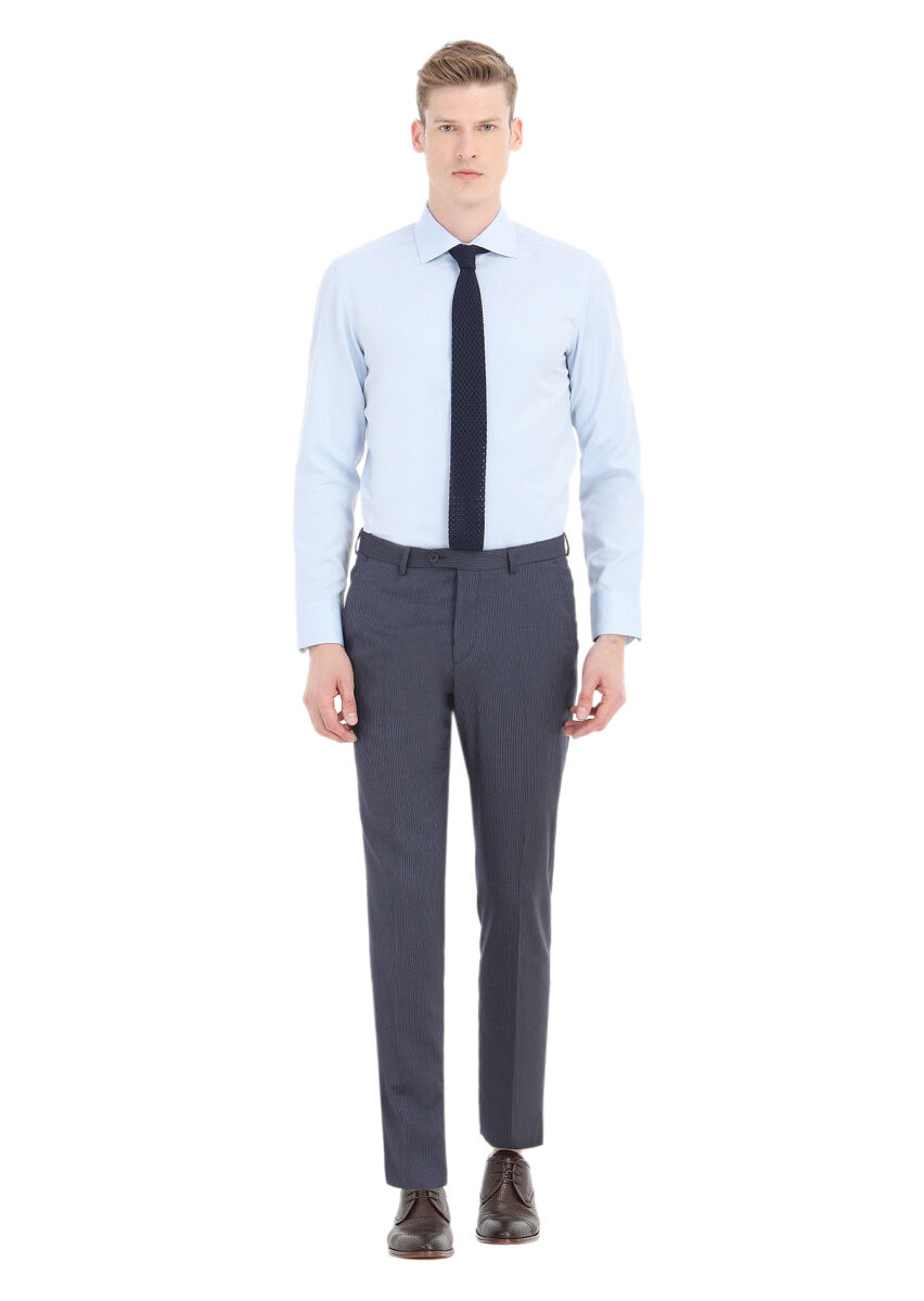 Açık Mavi Düz Slim Fit Uzun Dokuma Klasik Pamuk Karışımlı Gömlek - 1