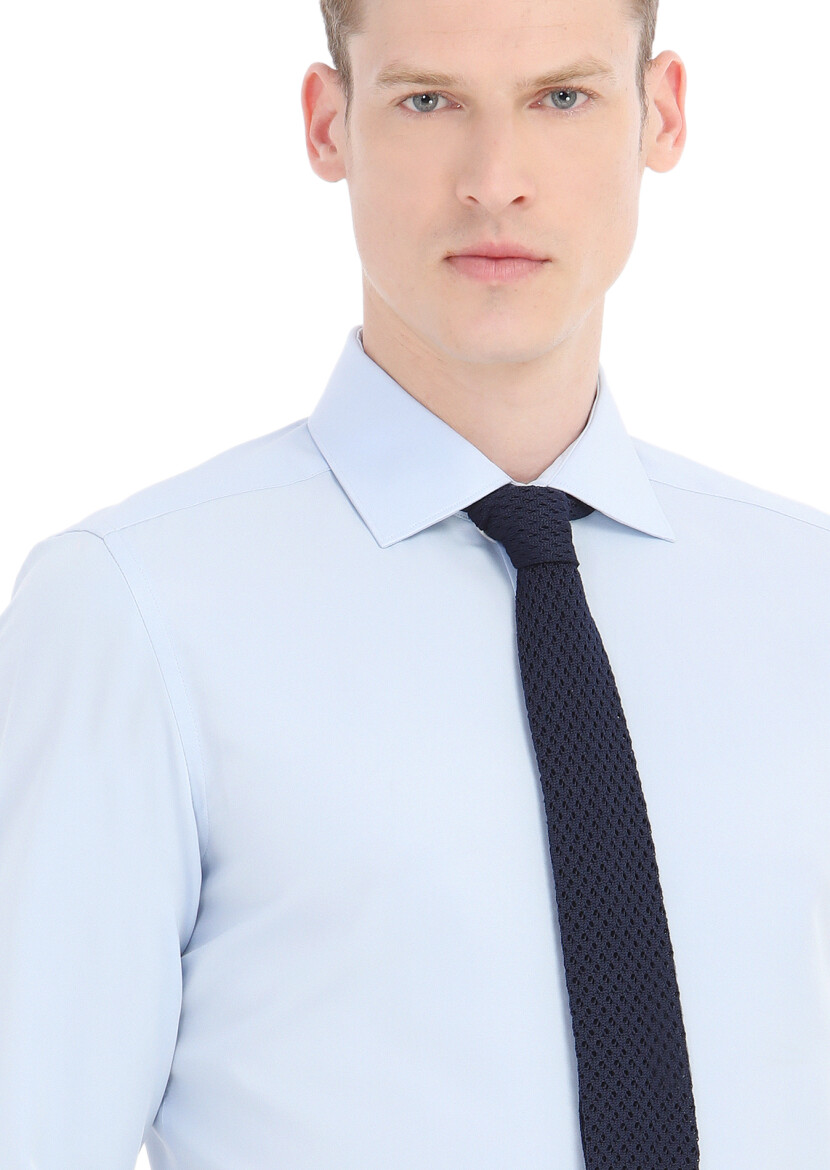 Açık Mavi Düz Slim Fit Uzun Dokuma Klasik Pamuk Karışımlı Gömlek - 3