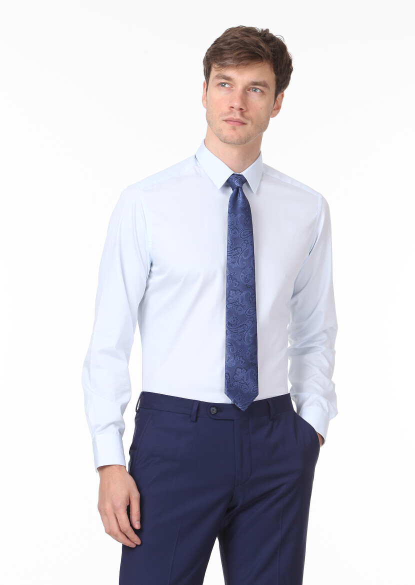 Açık Mavi Düz Super Slim Fit Dokuma Klasik %100 Pamuk Gömlek 