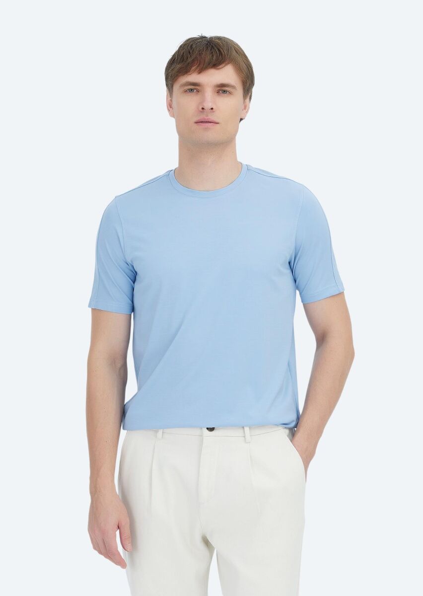 Açık Mavi Düz Bisiklet Yaka T-Shirt - 1