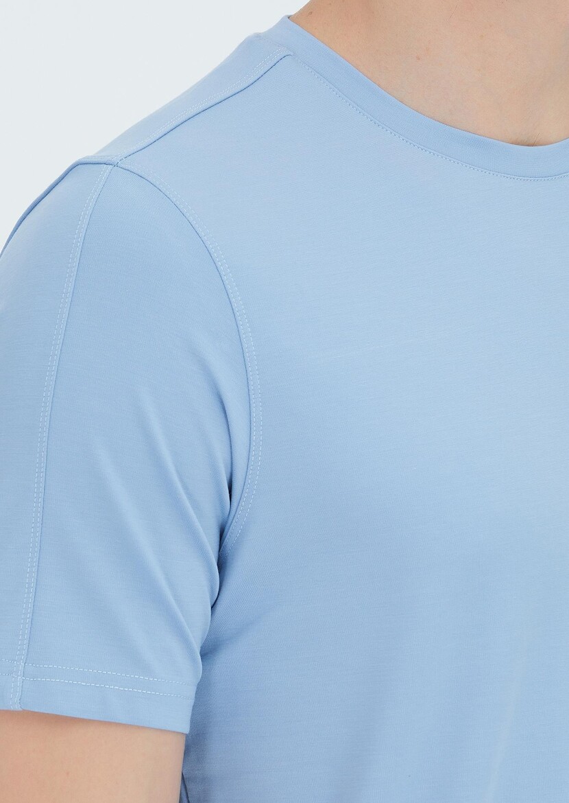 Açık Mavi Düz Bisiklet Yaka T-Shirt - 3