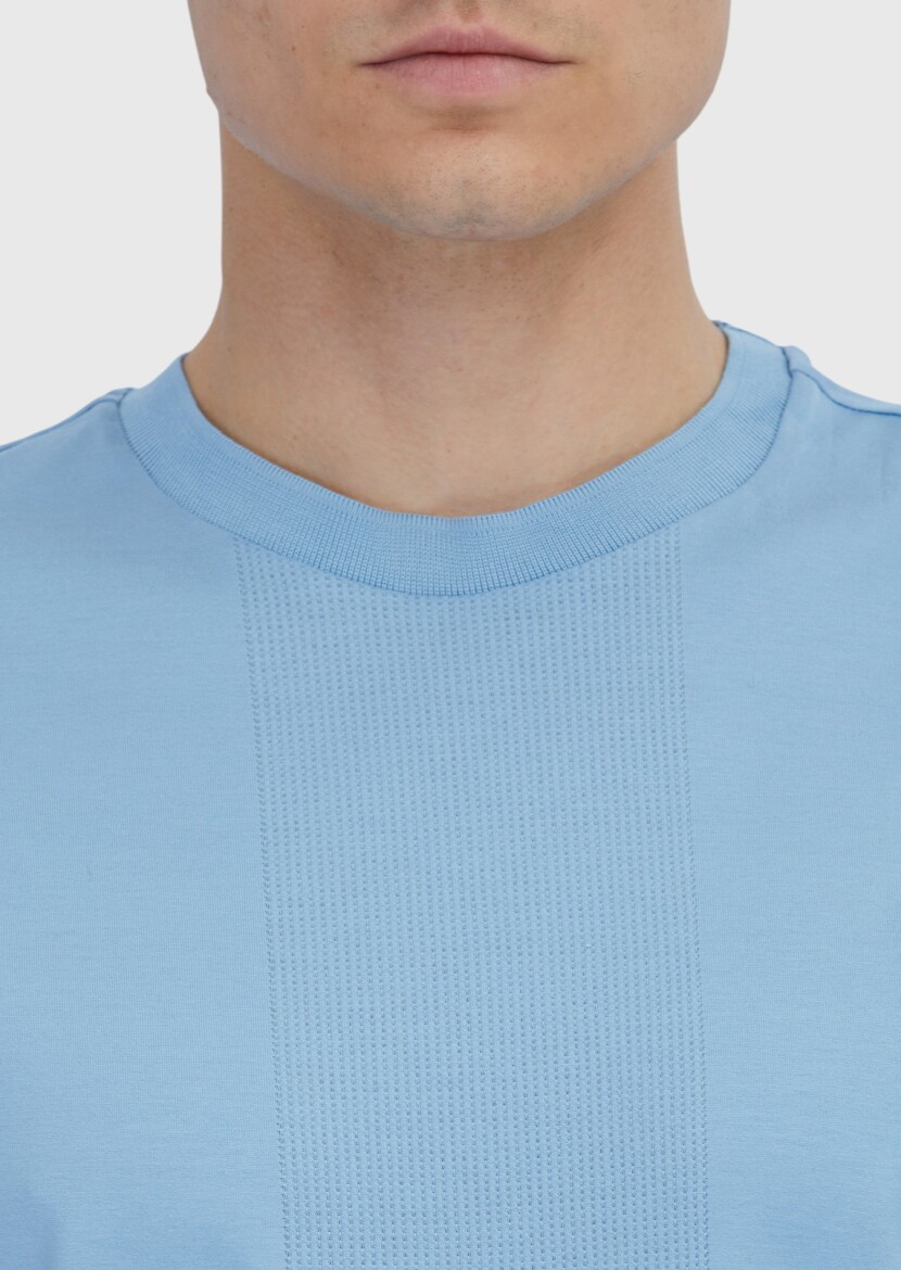 Açık Mavi Jakarlı Bisiklet Yaka %100 Pamuk T-Shirt - 4