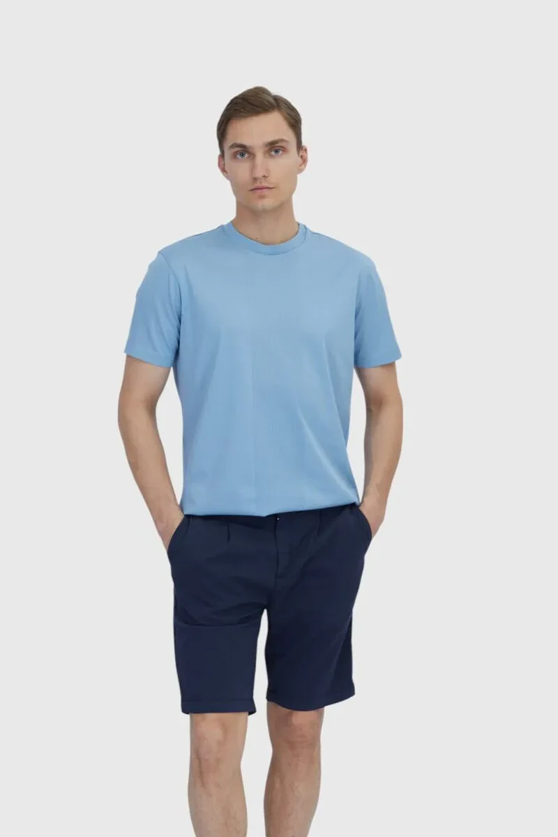 Açık Mavi Jakarlı Bisiklet Yaka %100 Pamuk T-Shirt - 1