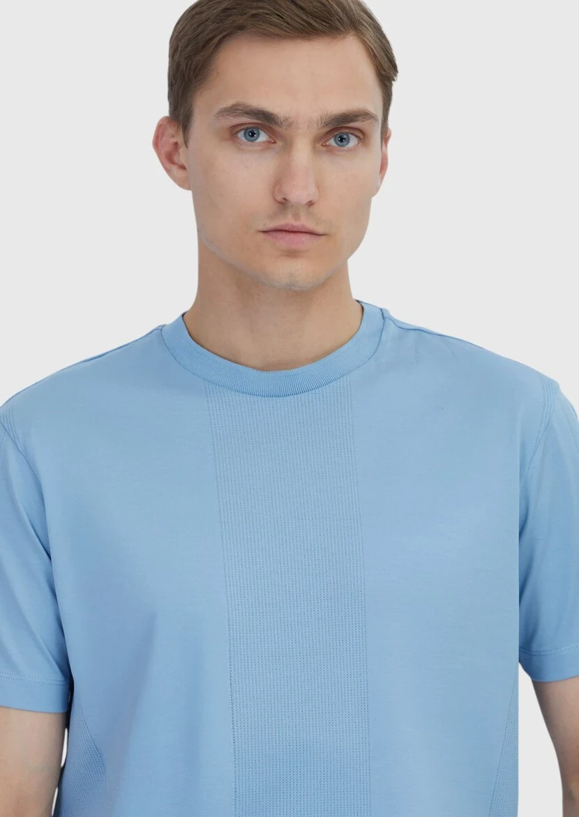 Açık Mavi Jakarlı Bisiklet Yaka %100 Pamuk T-Shirt - 3