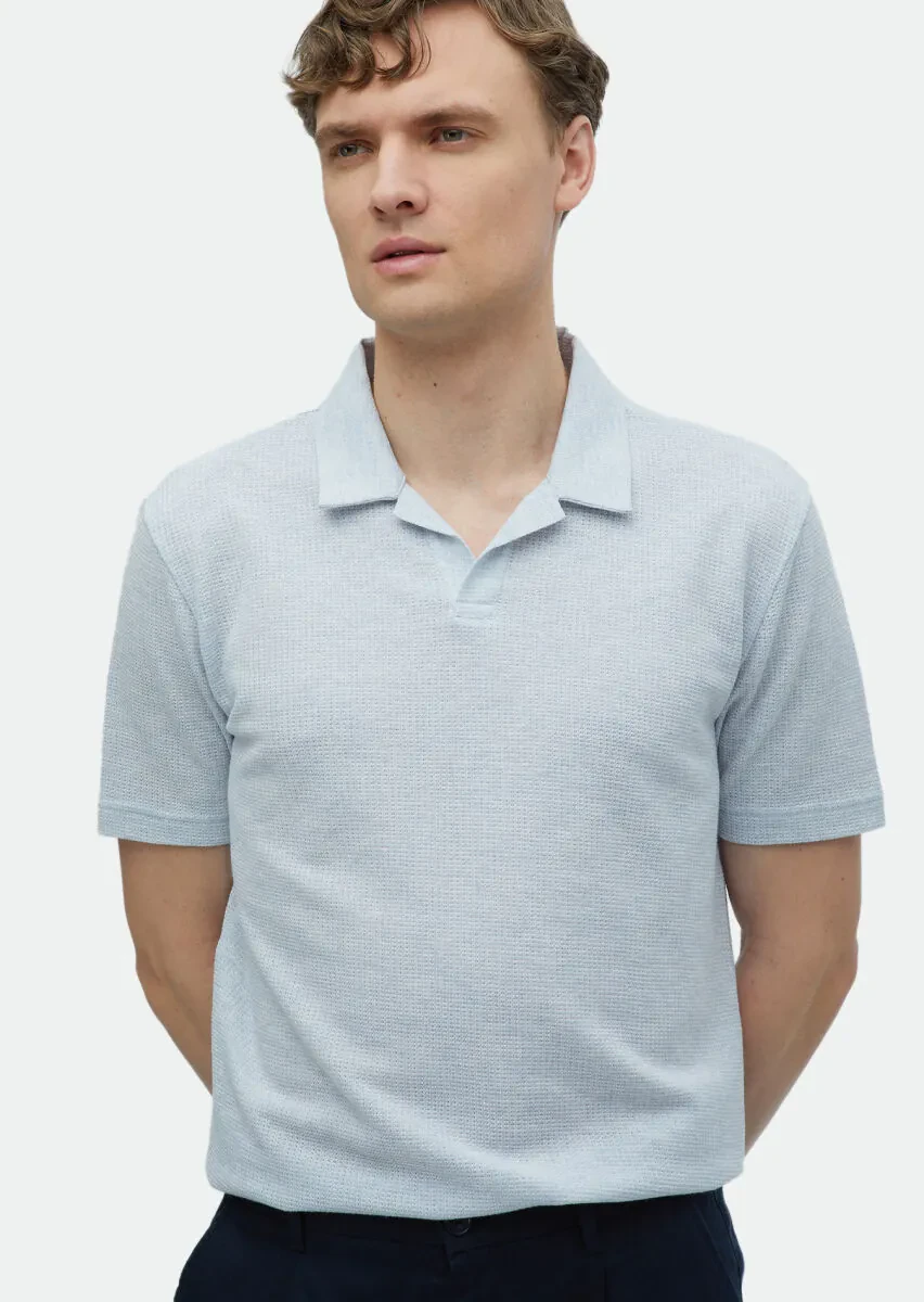 Açık Mavi Jakarlı Polo Yaka %100 Pamuk T-Shirt - 1