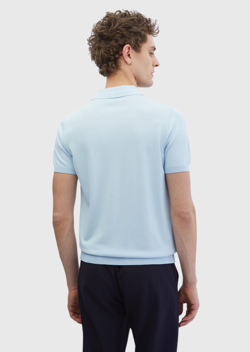 Açık Mavi Polo Yaka Düz Örgü Triko - 6