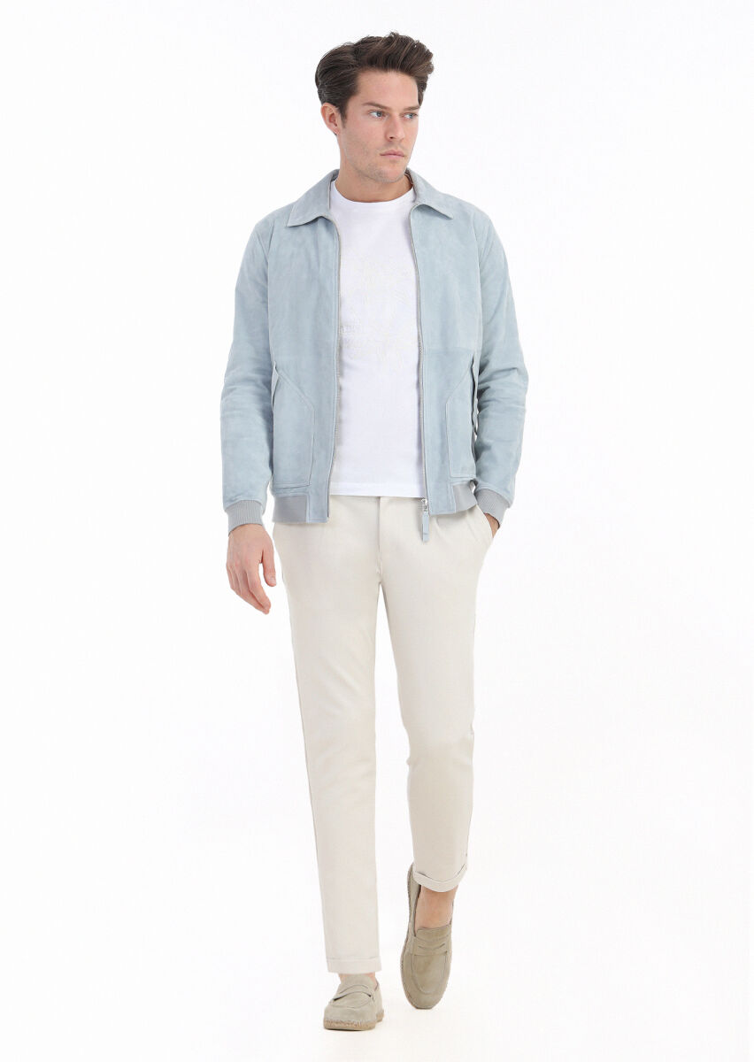 Açık Mavi Regular Fit Gömlek Yaka Casual Süet Deri Mont - 1