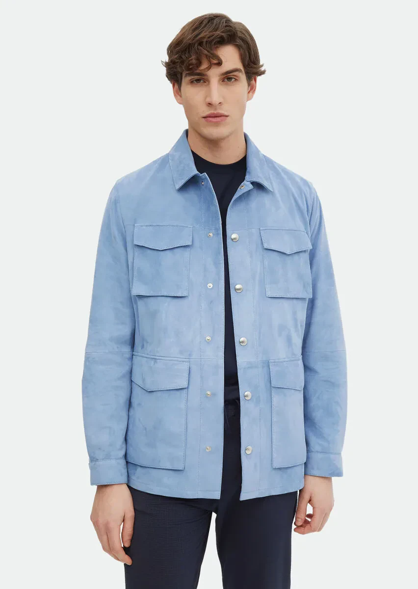 Açık Mavi Regular Fit Gömlek Yaka Casual Süet Deri Mont - 1