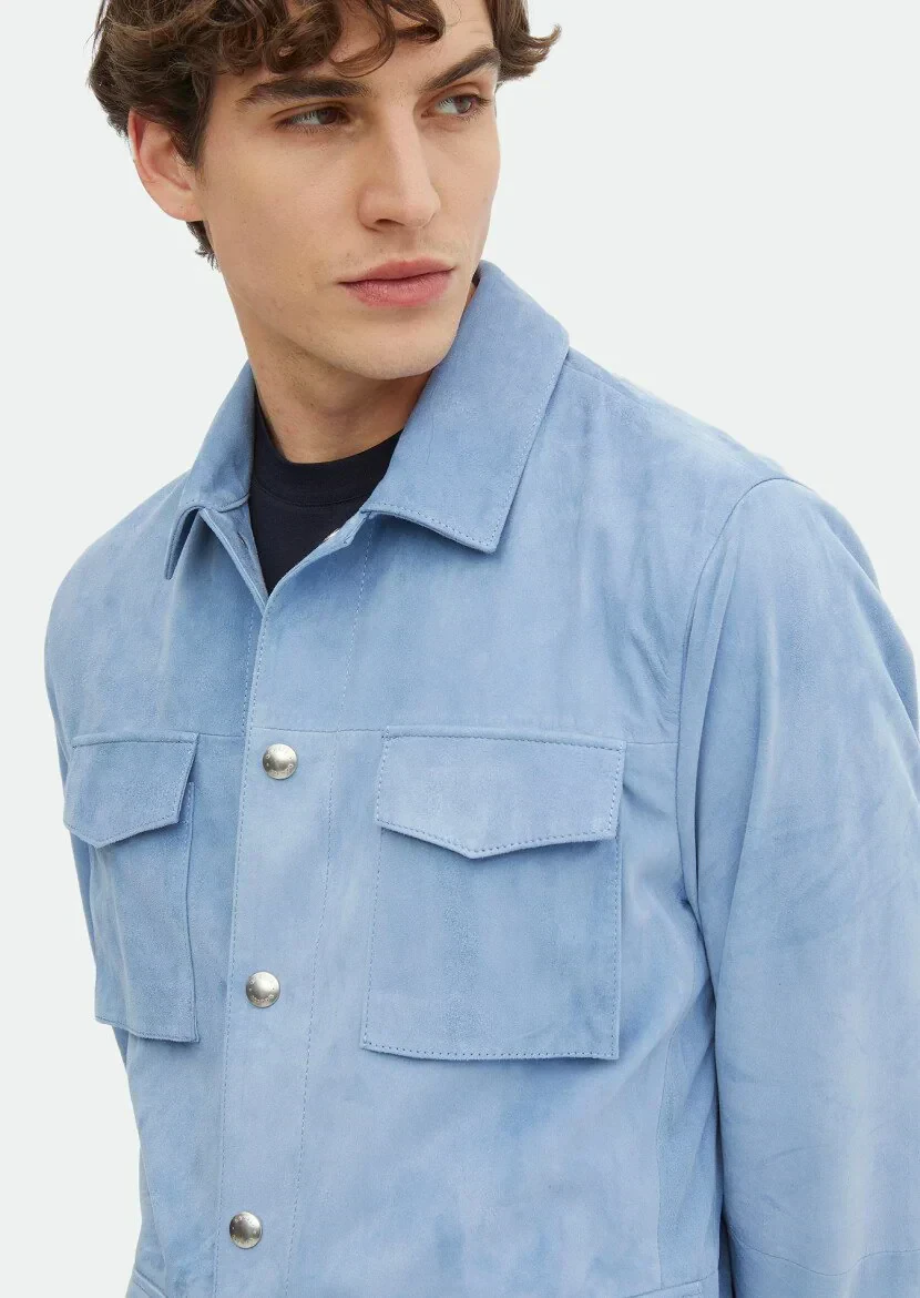 Açık Mavi Regular Fit Gömlek Yaka Casual Süet Deri Mont - 4