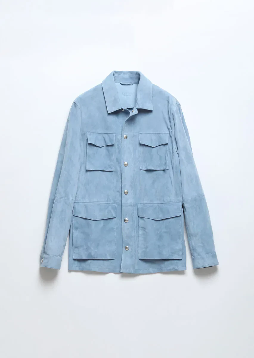 Açık Mavi Regular Fit Gömlek Yaka Casual Süet Deri Mont - 7