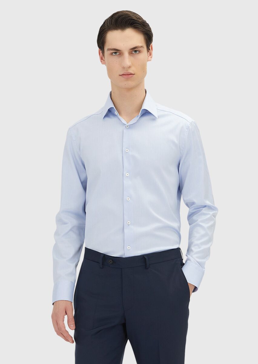 Açık Mavi Regular Fit Ütü İstemeyen Dokuma Klasik %100 Pamuk Gömlek - 1