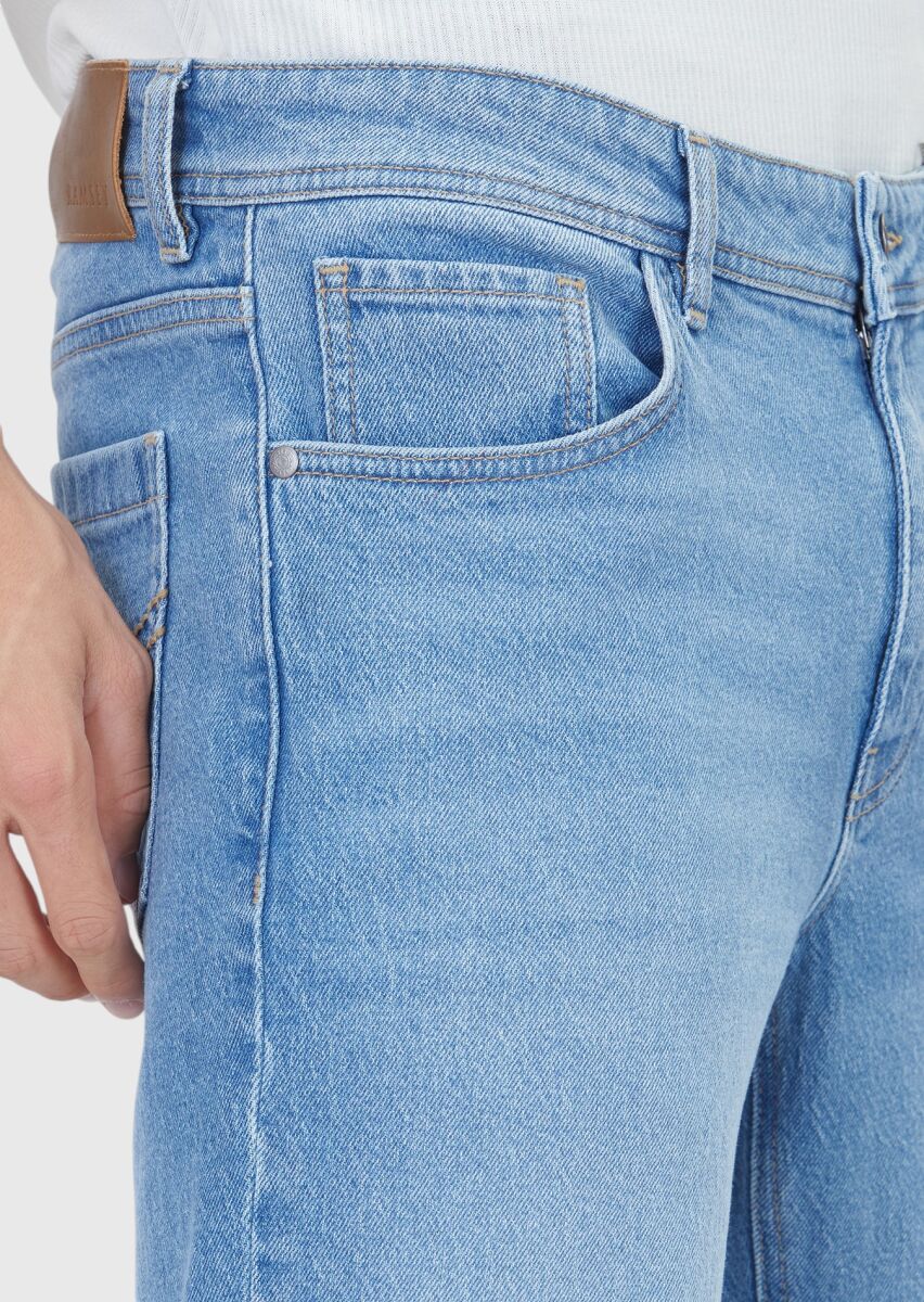 Açık Mavi Düz Slim Fit Denim Pamuk Karışımlı Pantolon - 3