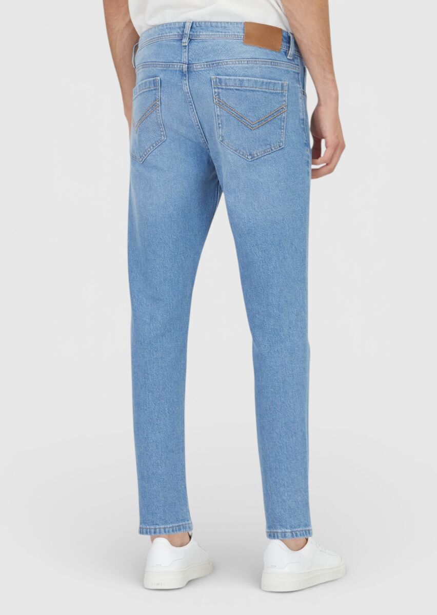 Açık Mavi Düz Slim Fit Denim Pamuk Karışımlı Pantolon - 5