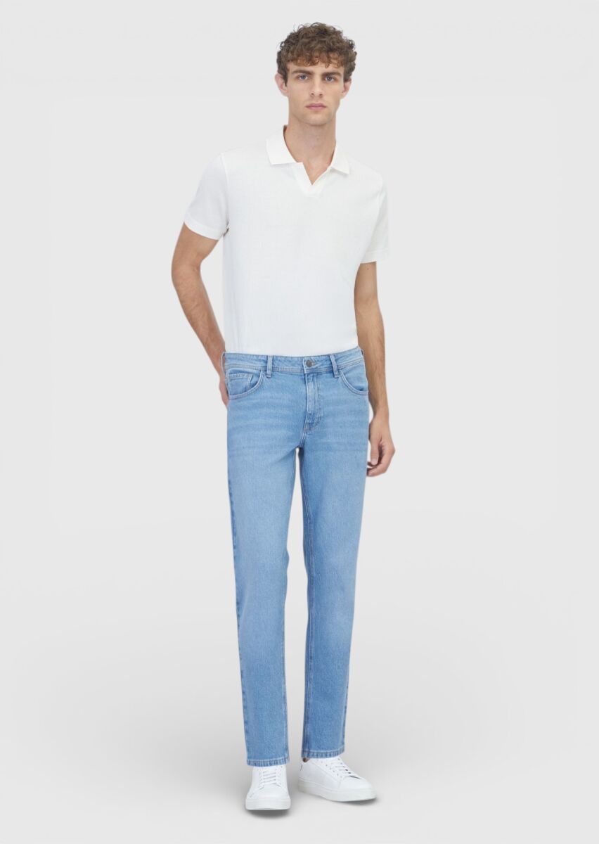 Açık Mavi Düz Slim Fit Denim Pamuk Karışımlı Pantolon - 1
