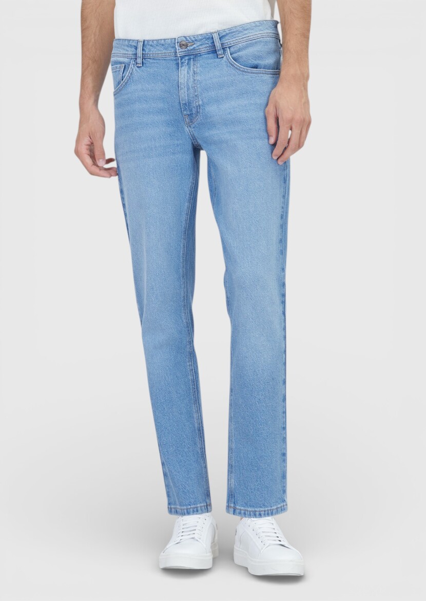 Açık Mavi Düz Slim Fit Denim Pamuk Karışımlı Pantolon - RAMSEY
