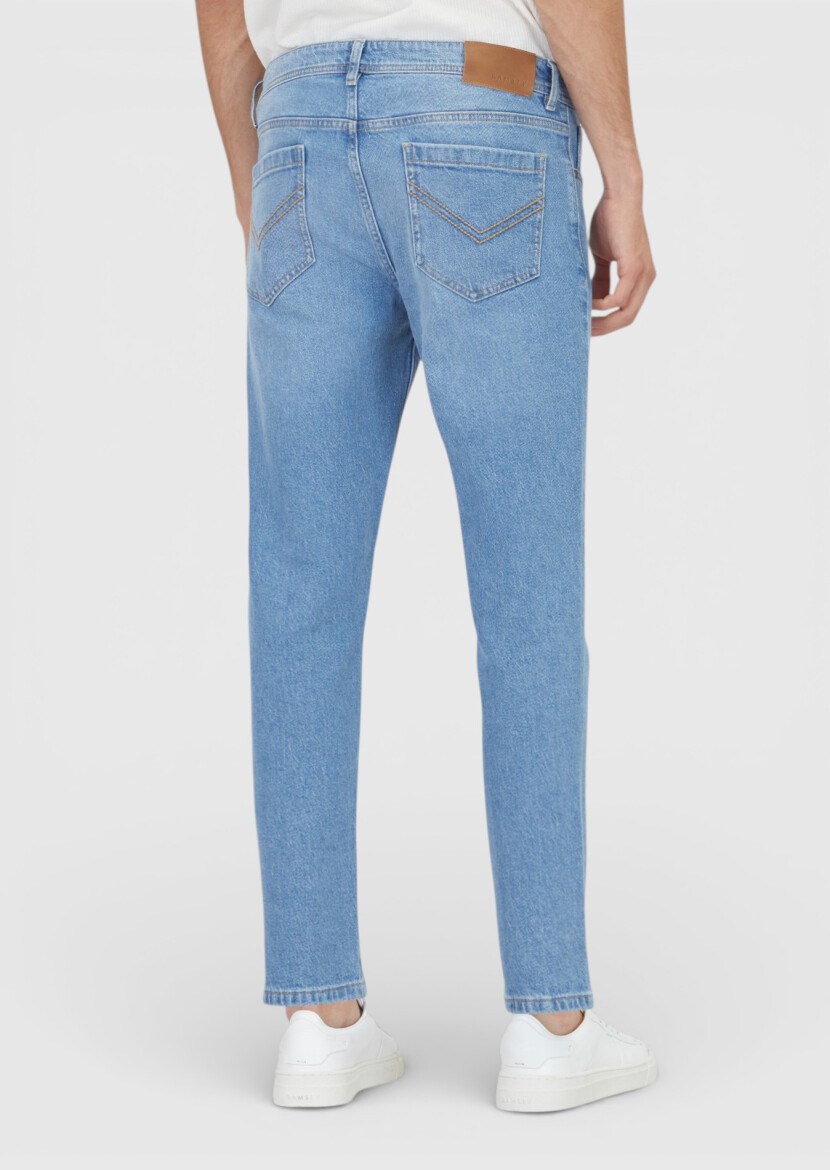Açık Mavi Düz Slim Fit Denim Pamuk Karışımlı Pantolon - 5