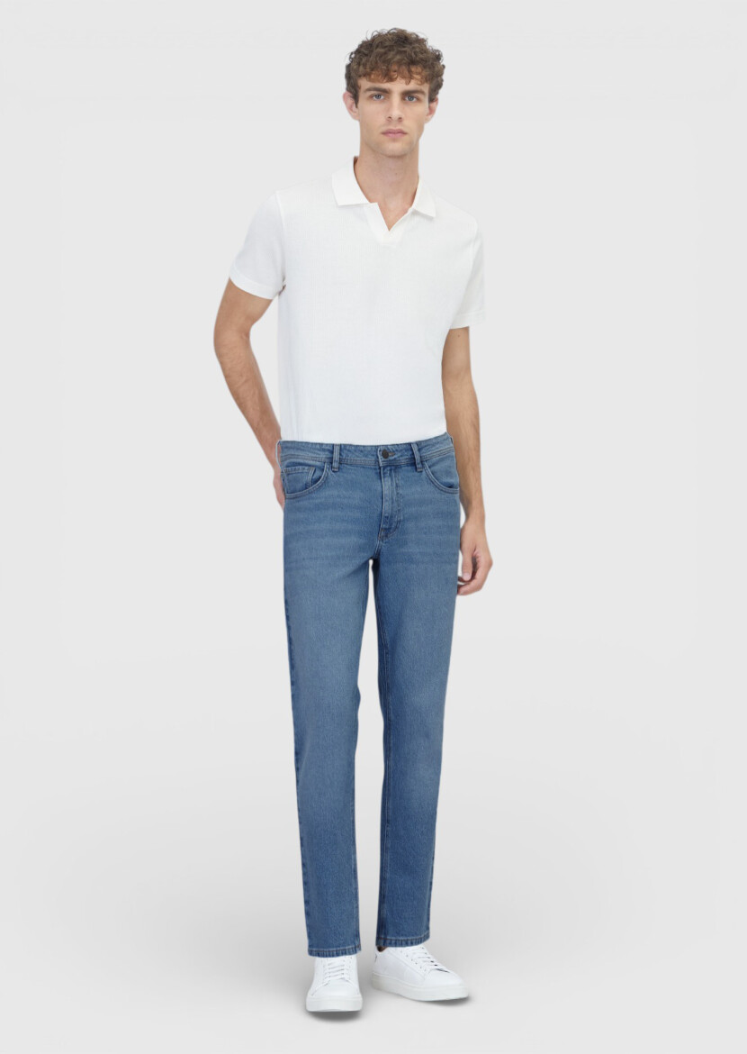 Açık Mavi Düz Slim Fit Denim Pamuk Karışımlı Pantolon - RAMSEY