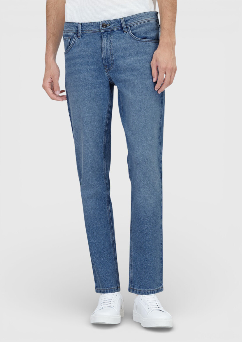 Açık Mavi Düz Slim Fit Denim Pamuk Karışımlı Pantolon - RAMSEY