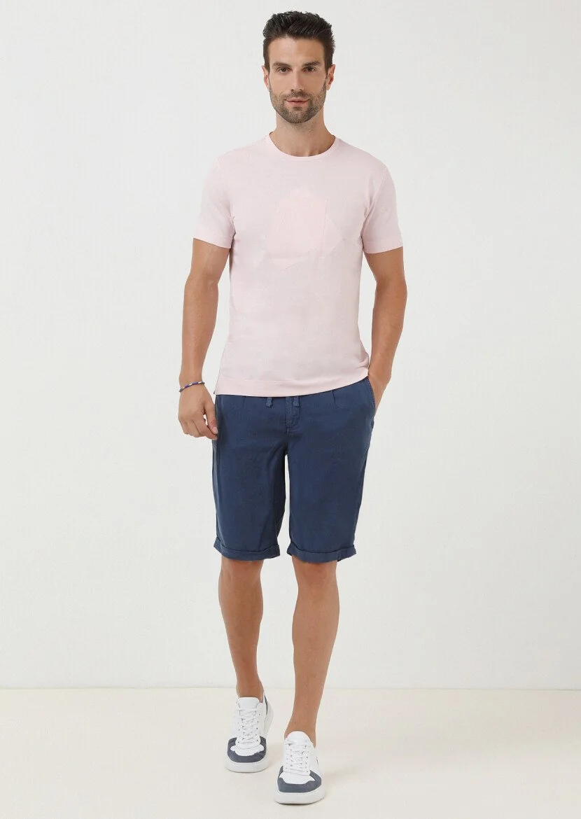 Açık Pembe Baskılı Bisiklet Yaka Pamuk Karışımlı T-Shirt 