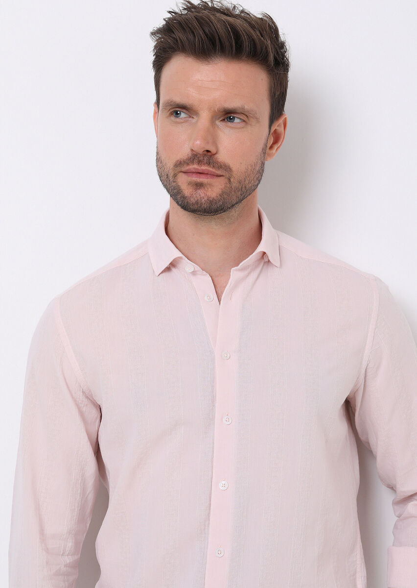 Açık Pembe Çizgili Slim Fit Uzun Dokuma Casual %100 Pamuk Gömlek - 3