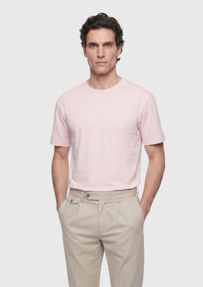 Açık Pembe Düz %100 Pamuk T-Shirt - 1