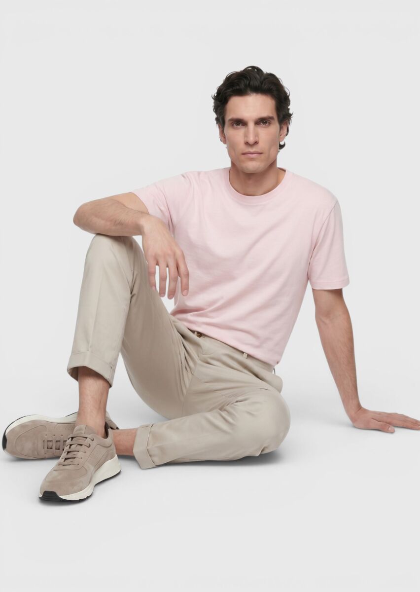 Açık Pembe Düz %100 Pamuk T-Shirt - 3