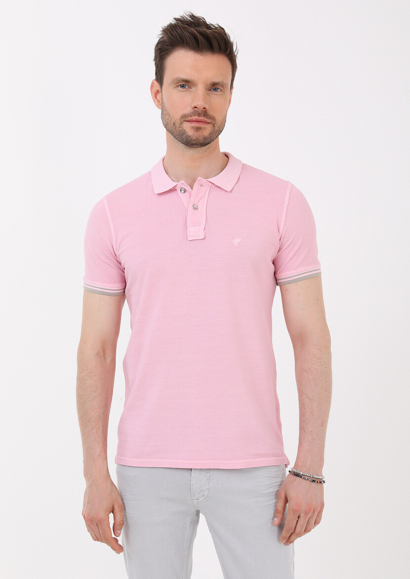 Açık Pembe Düz Polo Yaka %100 Pamuk T-Shirt 
