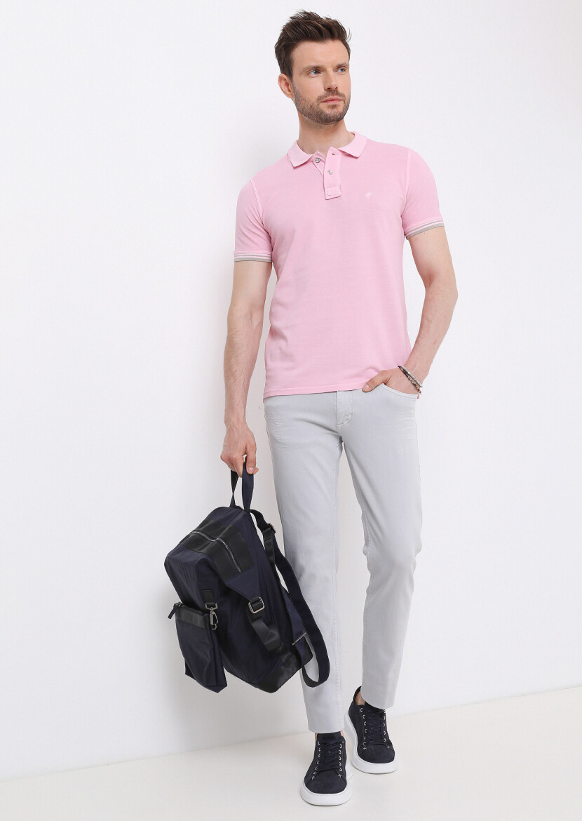 Açık Pembe Düz Polo Yaka %100 Pamuk T-Shirt 
