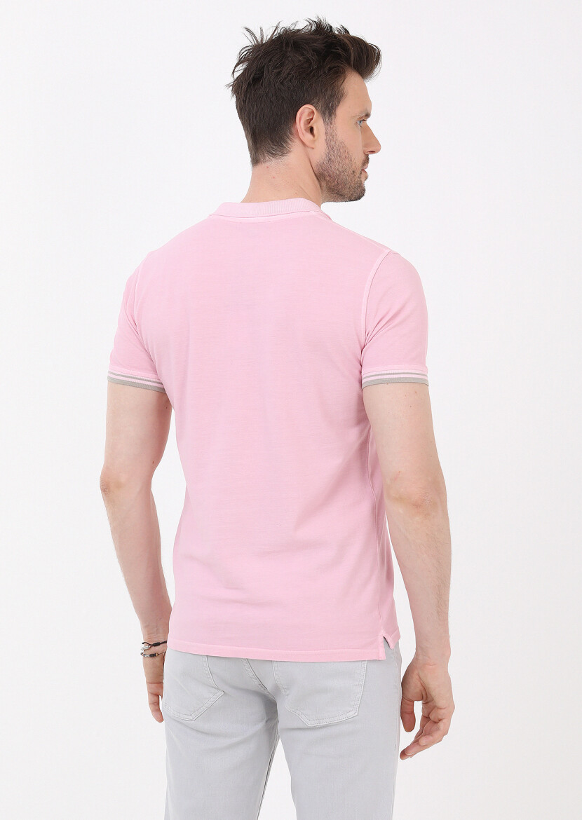 Açık Pembe Düz Polo Yaka %100 Pamuk T-Shirt 