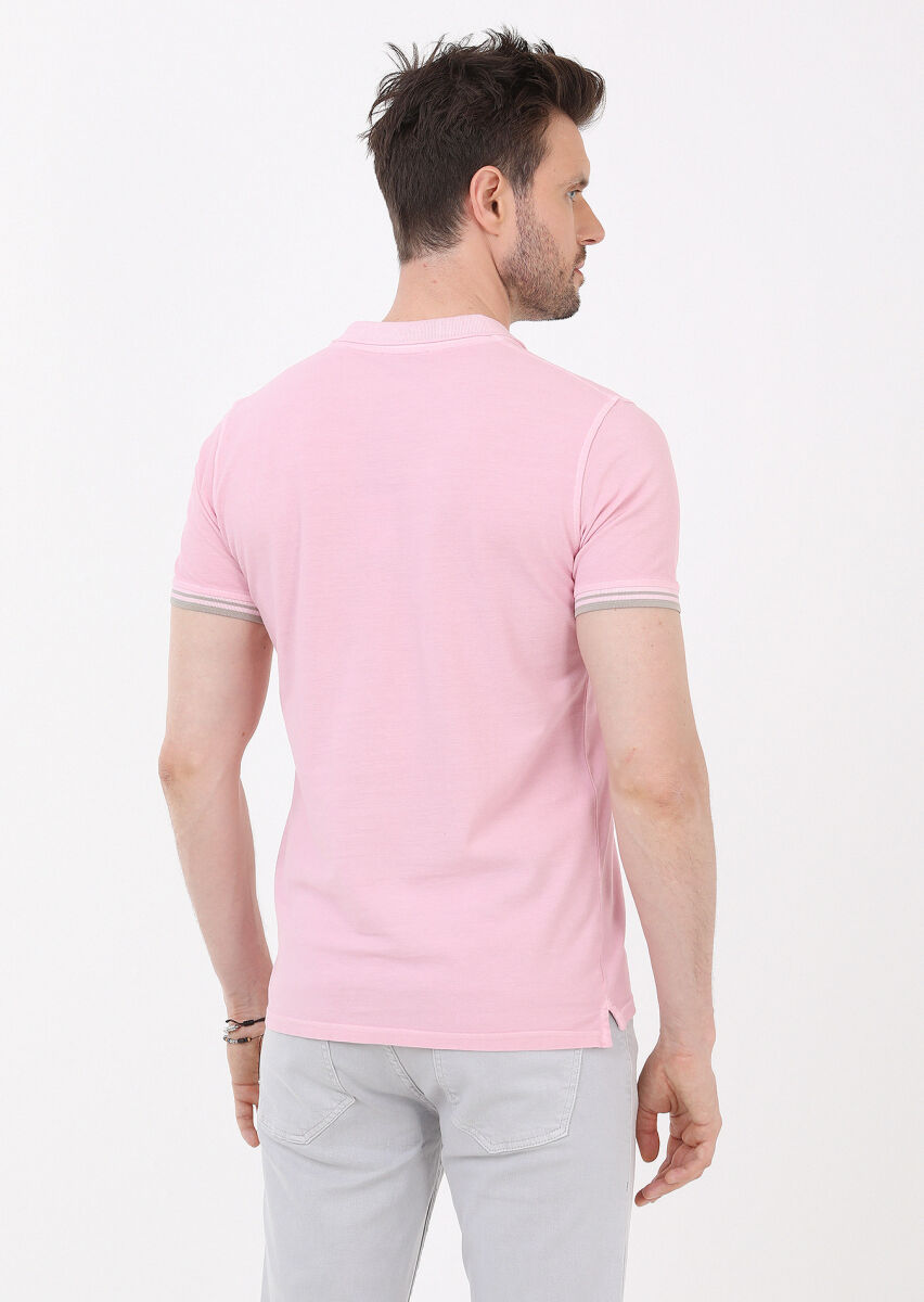 Açık Pembe Düz Polo Yaka %100 Pamuk T-Shirt - 3
