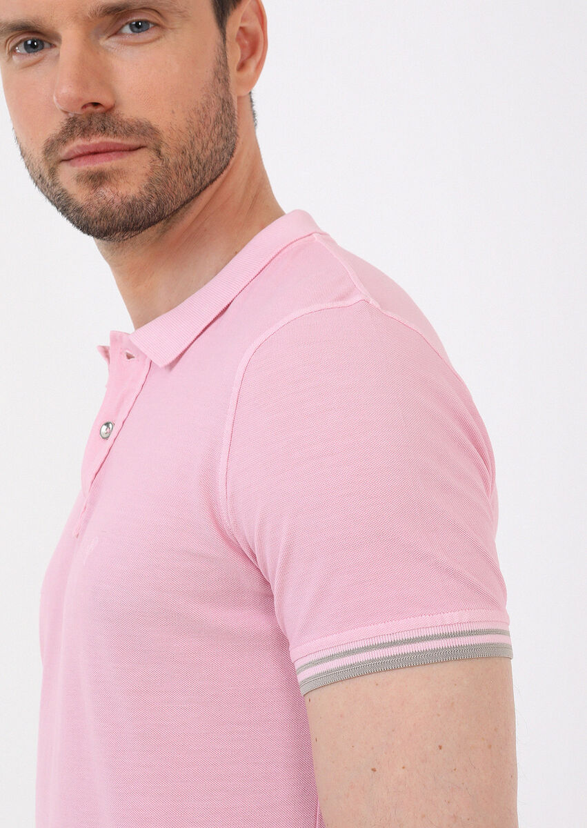 Açık Pembe Düz Polo Yaka %100 Pamuk T-Shirt - 5