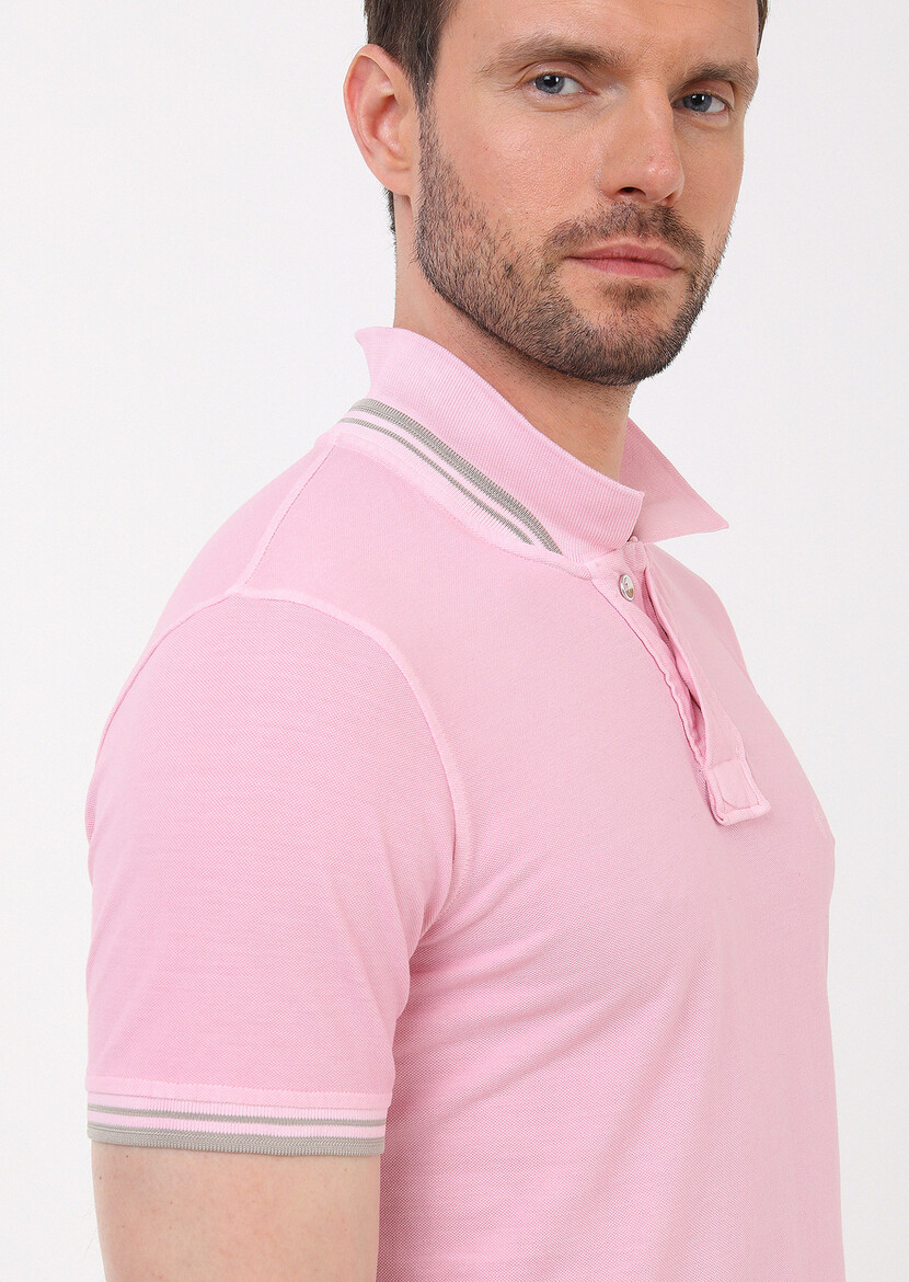 Açık Pembe Düz Polo Yaka %100 Pamuk T-Shirt - 7