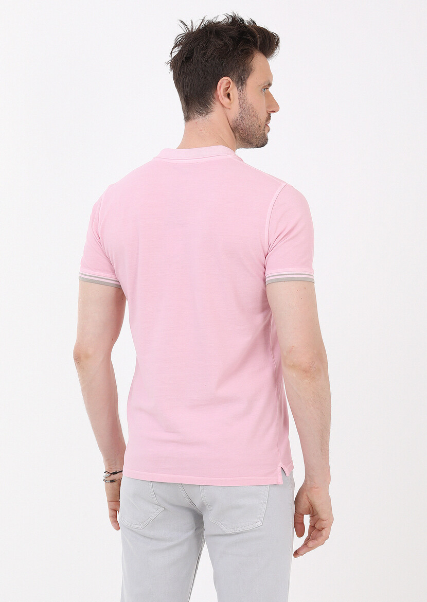 Açık Pembe Düz Polo Yaka %100 Pamuk T-Shirt - 8