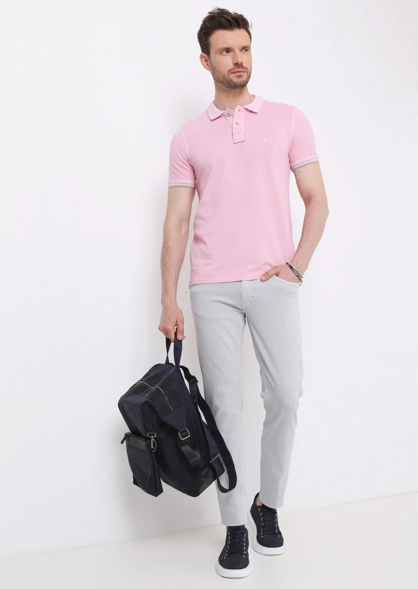 Açık Pembe Düz Polo Yaka %100 Pamuk T-Shirt 