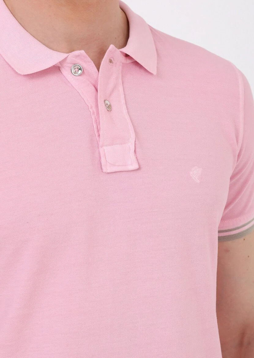 Açık Pembe Düz Polo Yaka %100 Pamuk T-Shirt - 4
