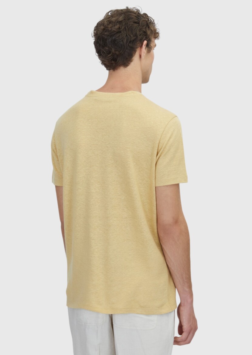 Açık Sarı Düz %100 Keten T-Shirt - 5