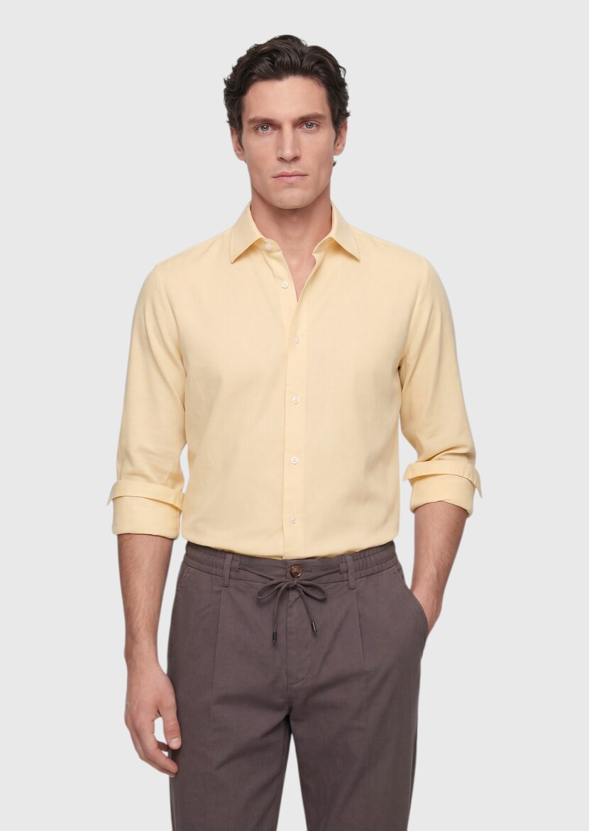 Açık Sarı Düz Casual Fit Dokuma Casual %100 Pamuk Gömlek - 1