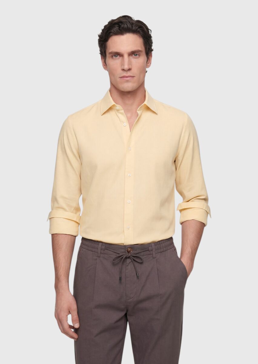 Açık Sarı Düz Casual Fit Uzun Dokuma Casual %100 Pamuk Gömlek - 1