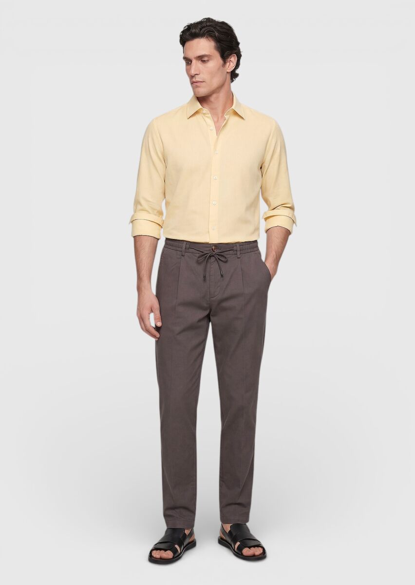 Açık Sarı Düz Casual Fit Uzun Dokuma Casual %100 Pamuk Gömlek - 3