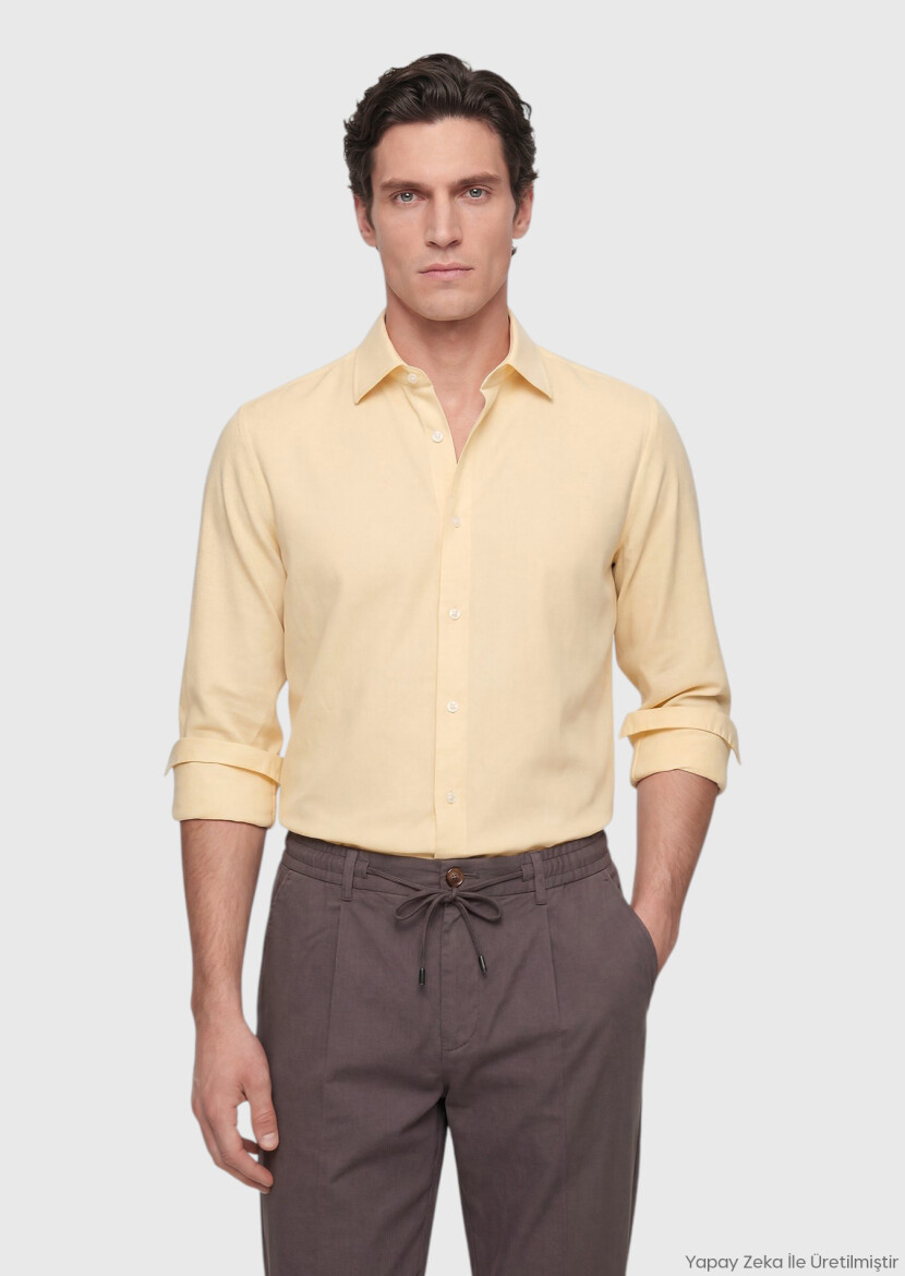 Açık Sarı Düz Casual Fit Uzun Dokuma Casual %100 Pamuk Gömlek 