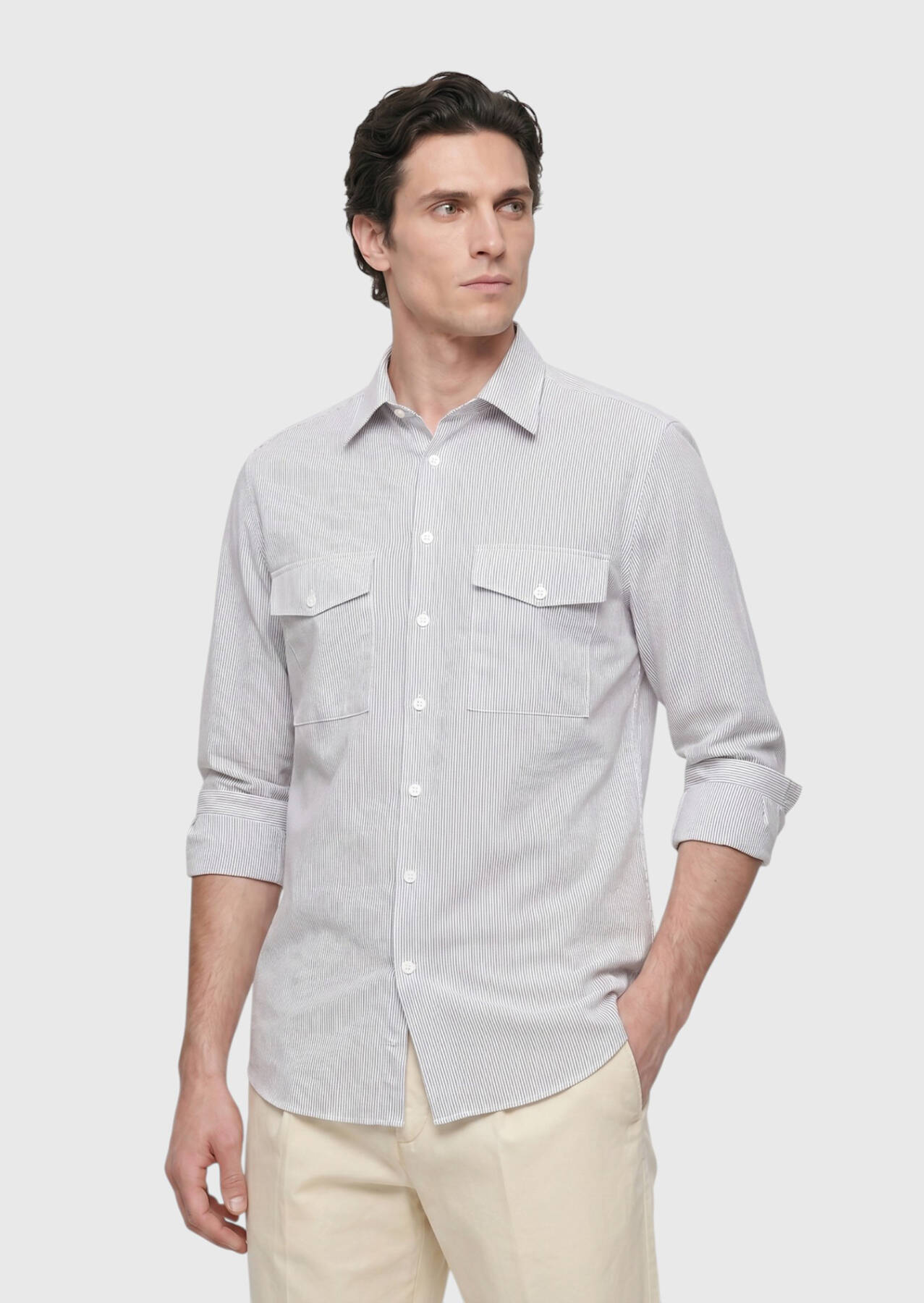 Açık Vizon Çizgili Regular Fit Uzun Dokuma Casual Gömlek
