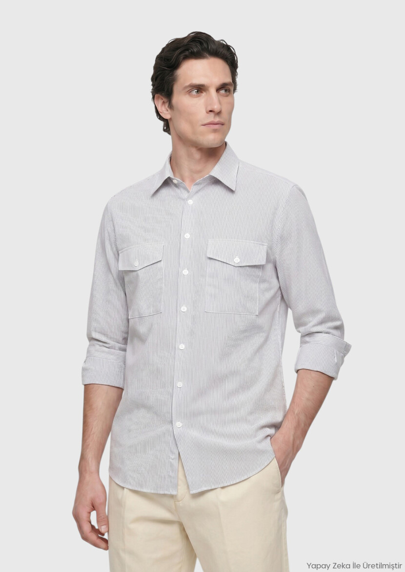 Açık Vizon Çizgili Regular Fit Uzun Dokuma Casual Gömlek 