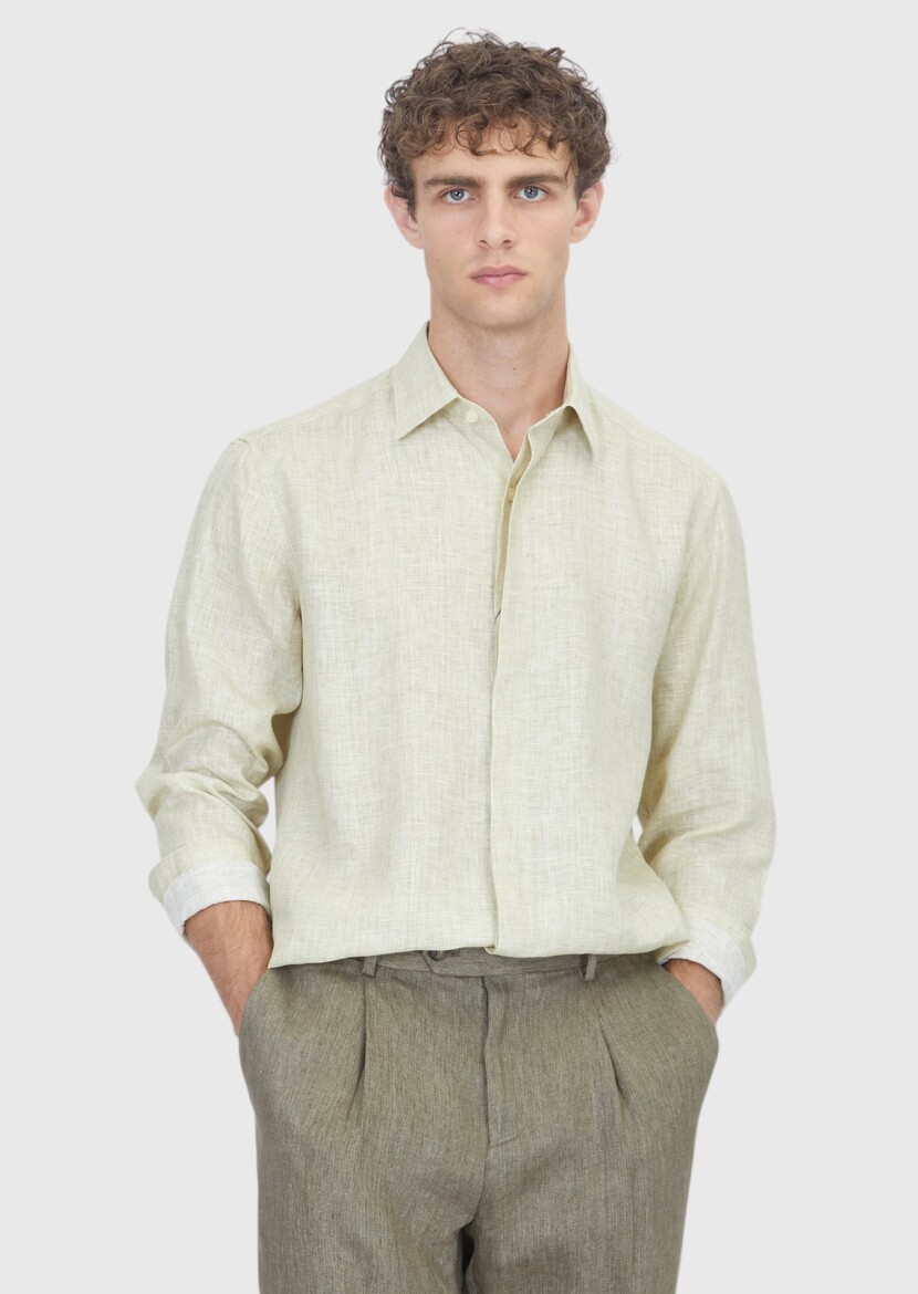 Açık Yeşil Casual Fit Uzun Dokuma Casual %100 Keten Gömlek - RAMSEY