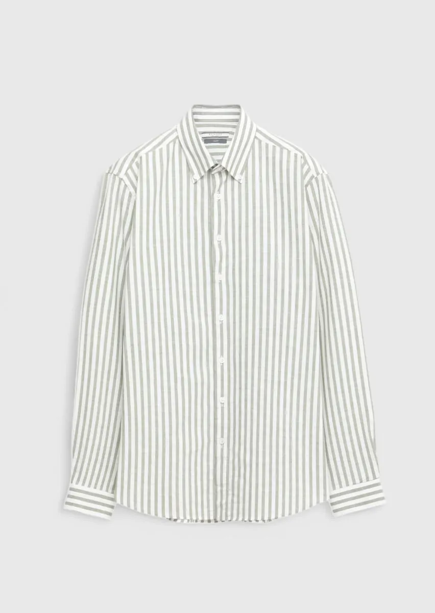 Açık Yeşil Çizgili Casual Fit Dokuma Casual %100 Pamuk Gömlek - 1