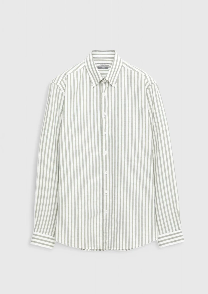 Açık Yeşil Çizgili Casual Fit Dokuma Casual %100 Pamuk Gömlek - 1