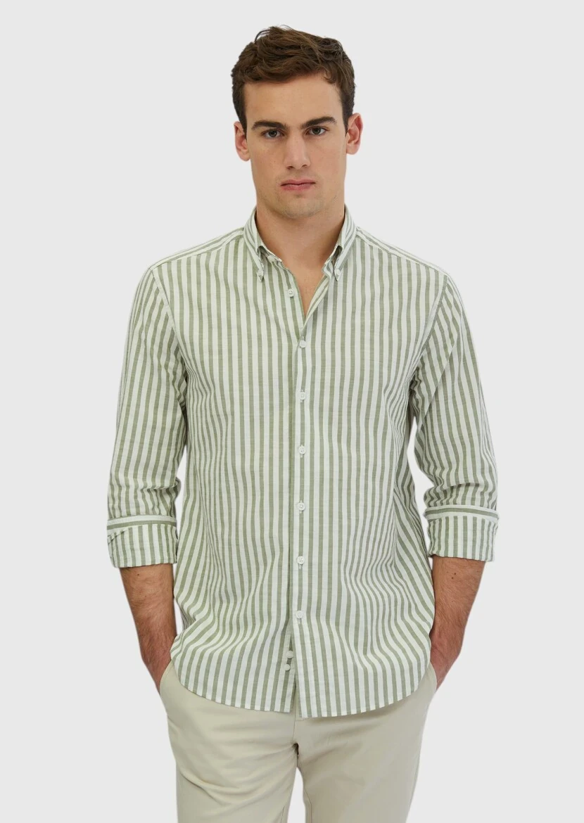 Açık Yeşil Çizgili Casual Fit Dokuma Casual %100 Pamuk Gömlek - 2