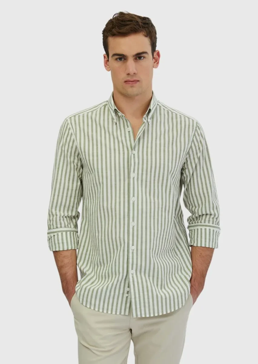 Açık Yeşil Çizgili Casual Fit Dokuma Casual %100 Pamuk Gömlek - 2