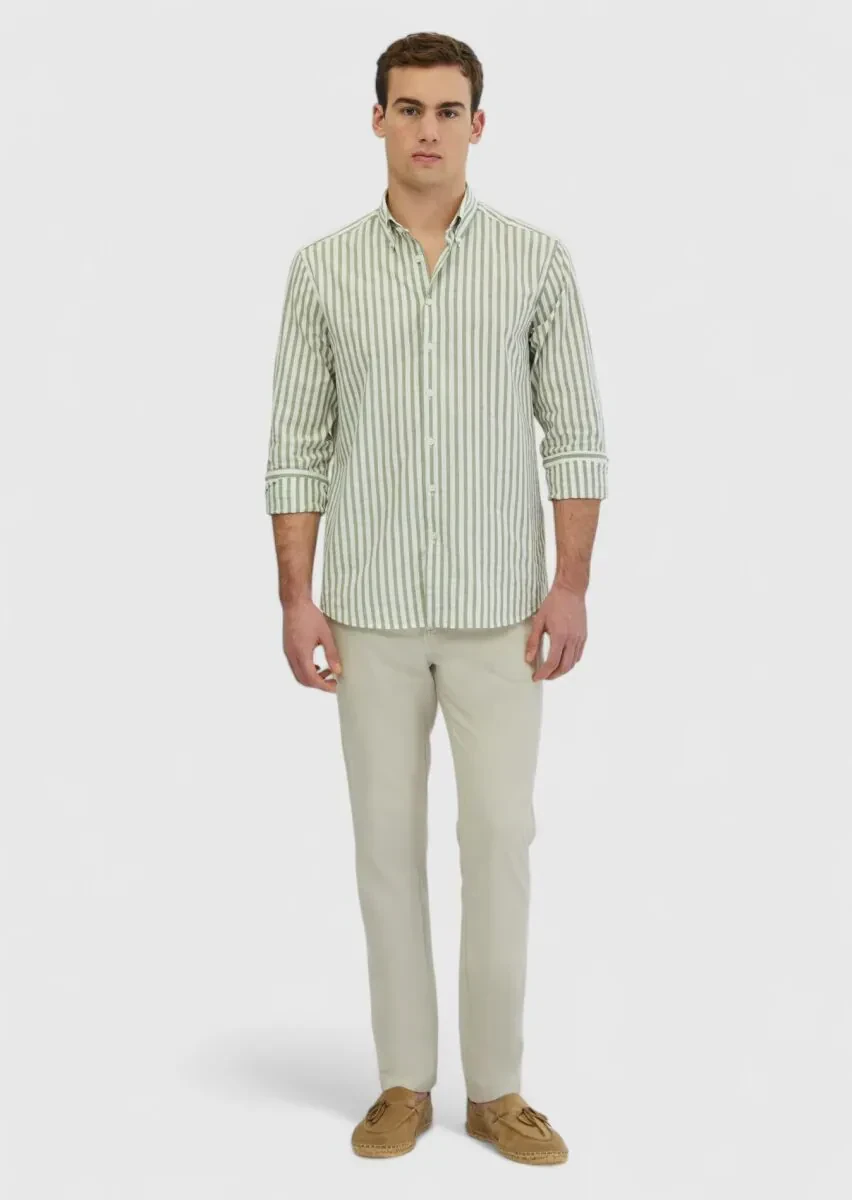 Açık Yeşil Çizgili Casual Fit Dokuma Casual %100 Pamuk Gömlek - 1