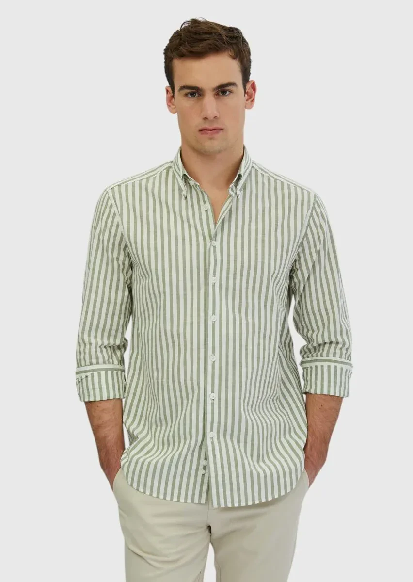 Açık Yeşil Çizgili Casual Fit Dokuma Casual %100 Pamuk Gömlek - 2